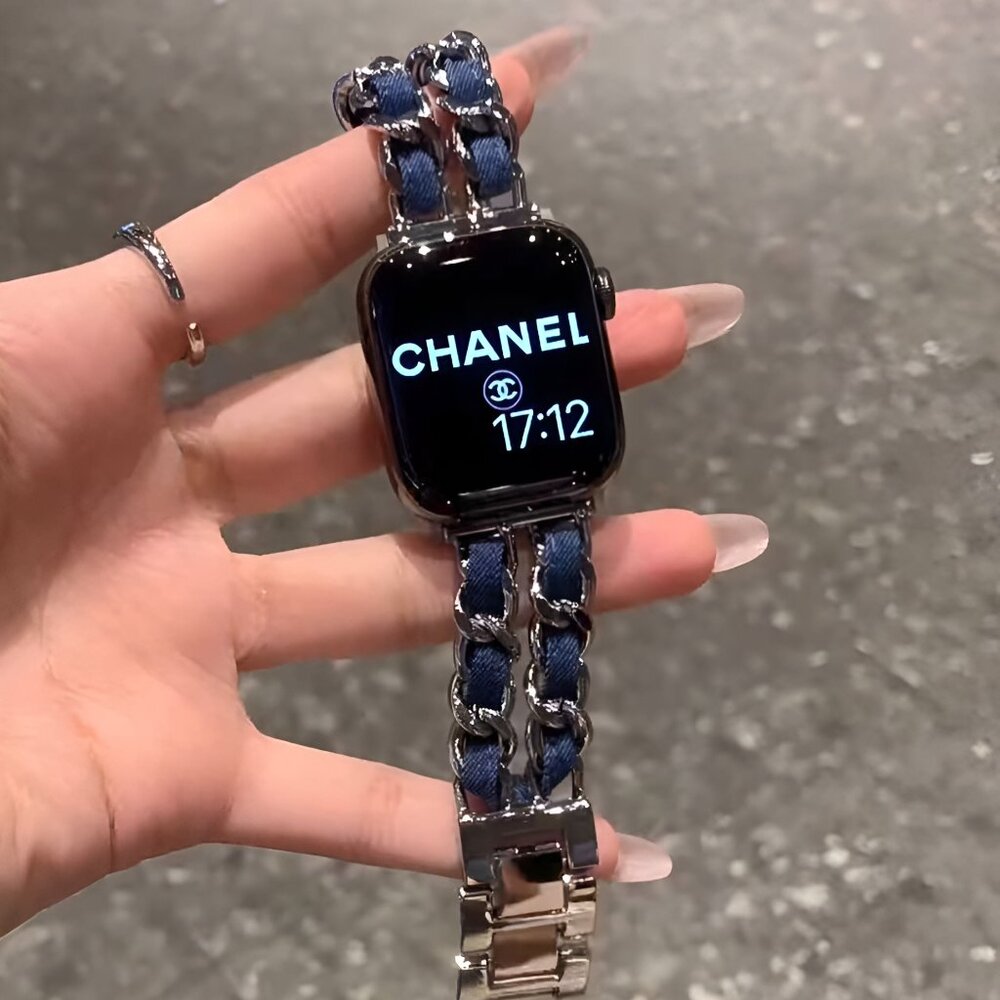 Apple Watch Band Luxury Adjustable Stylish Strap Silver Stainless Chain Denim